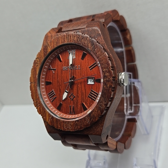 Mens Bewell Zebra Wood 45mm Date Watch Analog Quartz Lightweight Handmade Unique - Picture 2 of 9